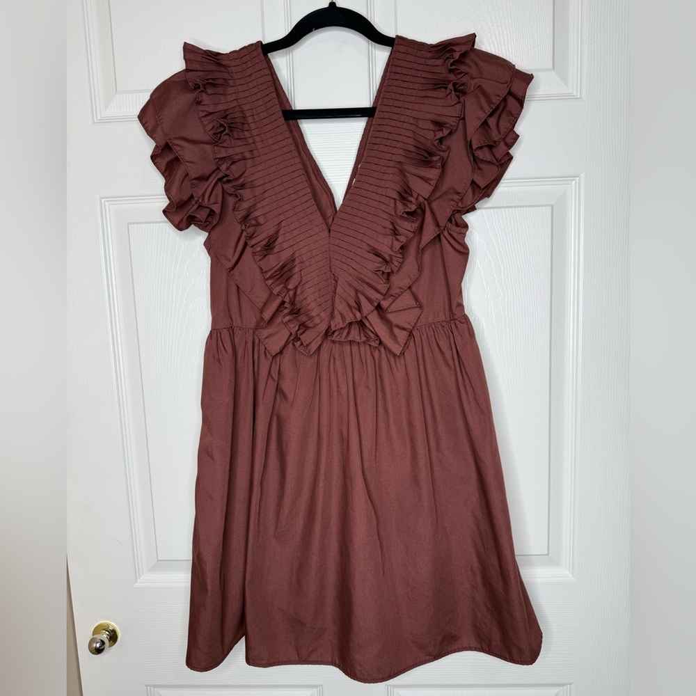 Entro Ruffle Pleated V-neck Mini Babydoll Dress Size L Chocolate Brown - Picture 2 of 11